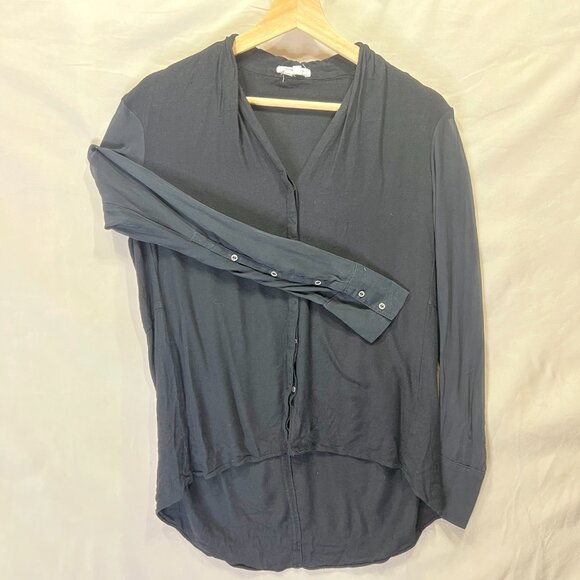 Helmut Lang XS Black Sheer  Long Sleeve V Neck Asymmetrical Hem Whymsical Top - Picture 3 of 10